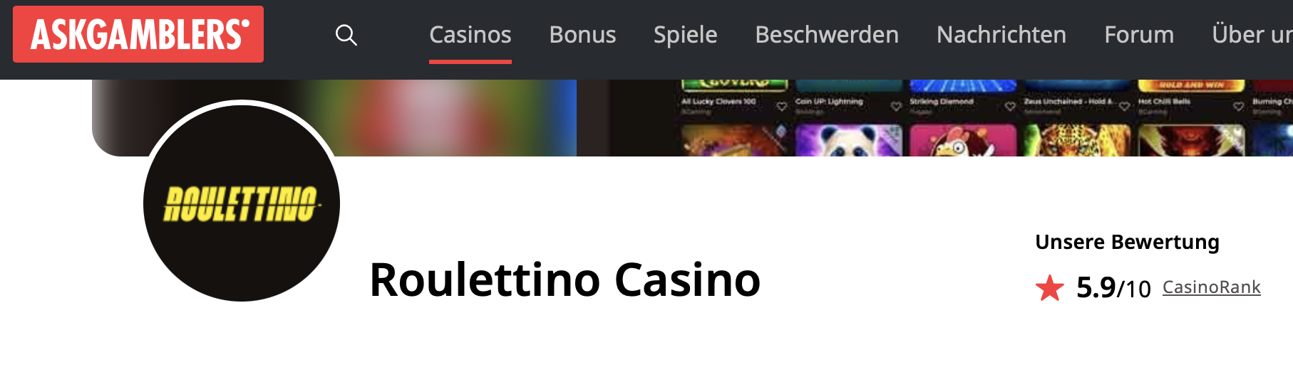AskGamblers Bewertung von Roulettino Casino mit 5,9 von 10 Punkten