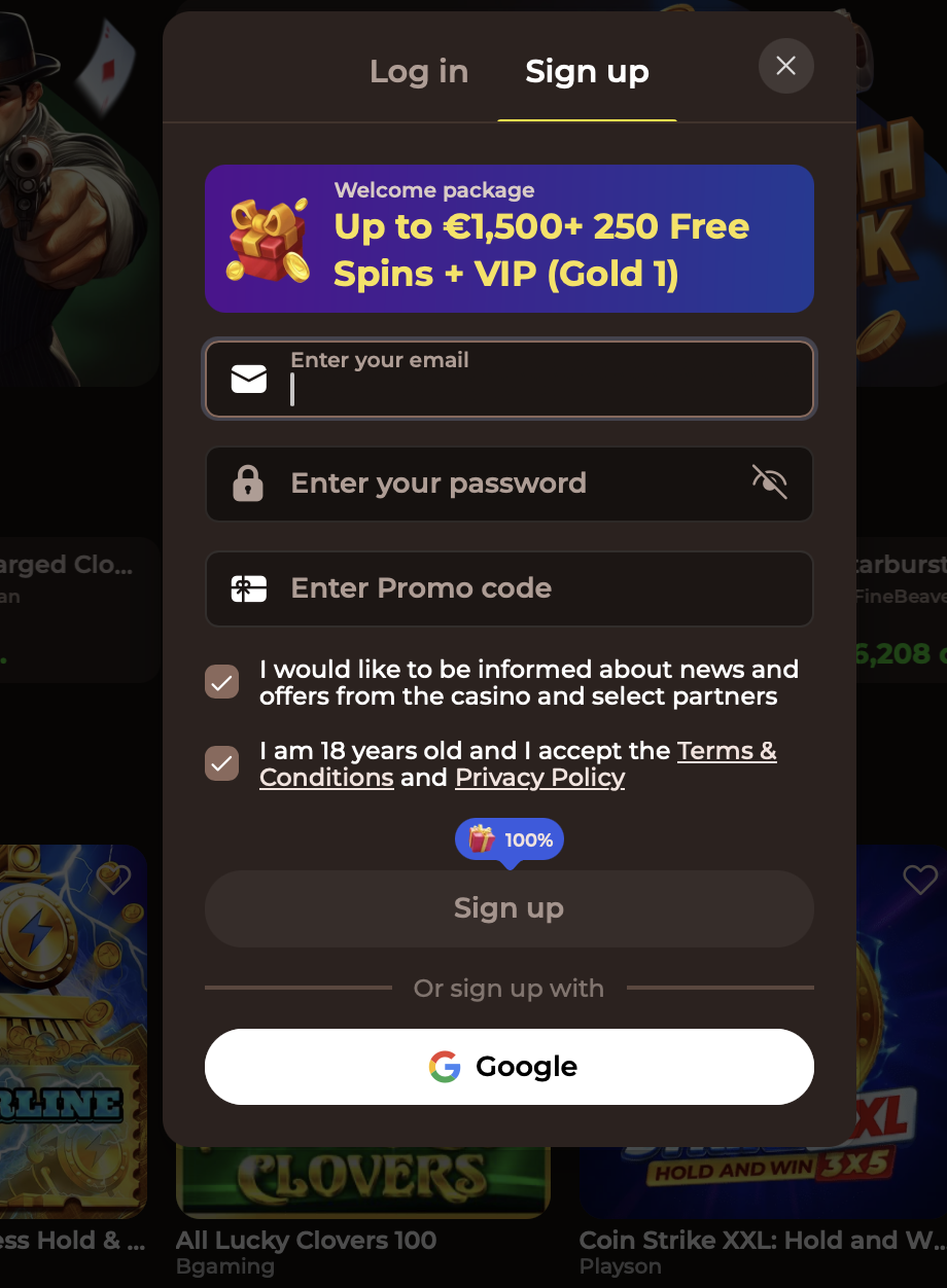 Registrierungsformular im Roulettino Online Casino mit Willkommenspaket