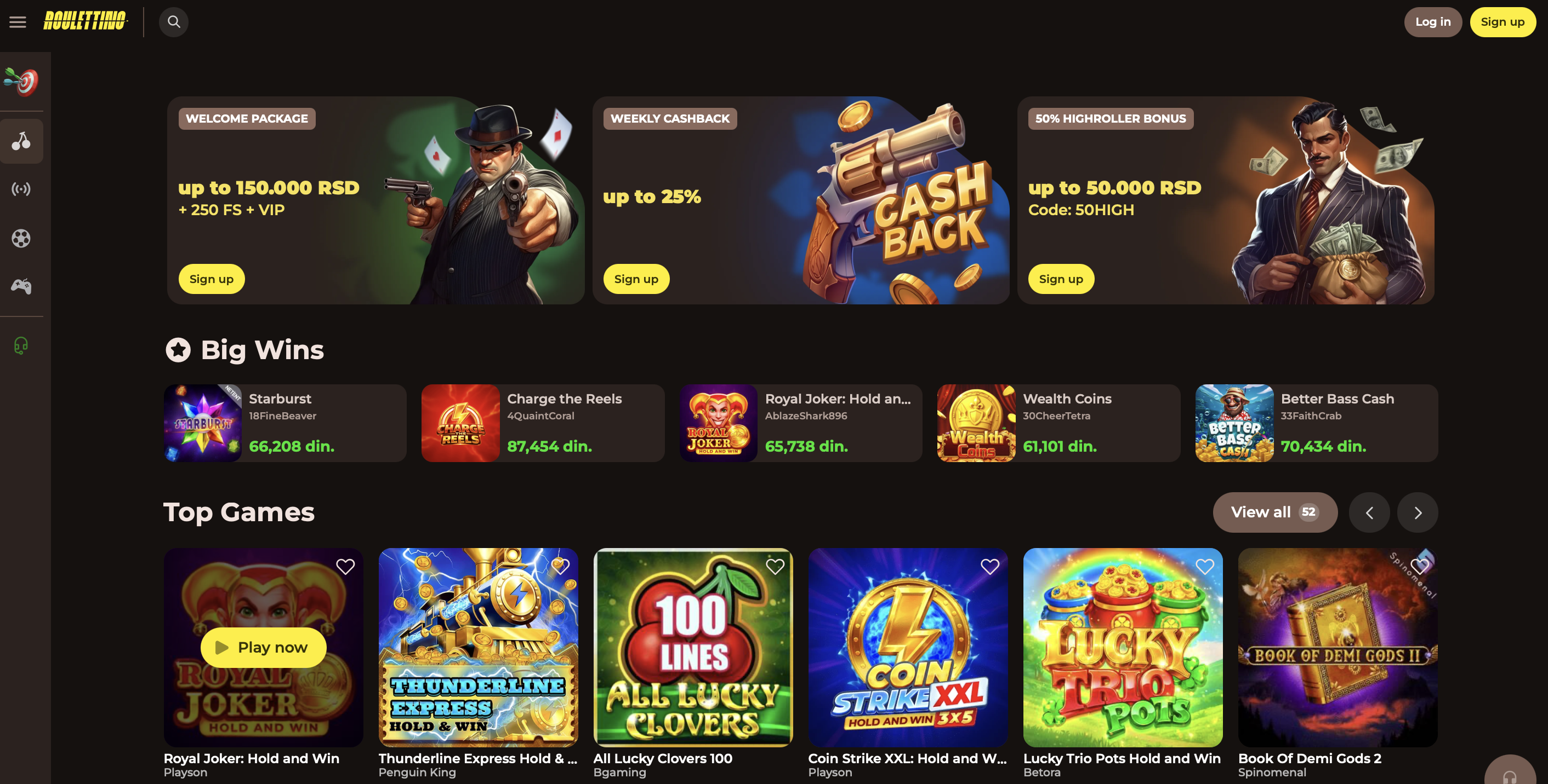 Roulettino Casino Startseite mit Gangster-Design und gelben Akzenten