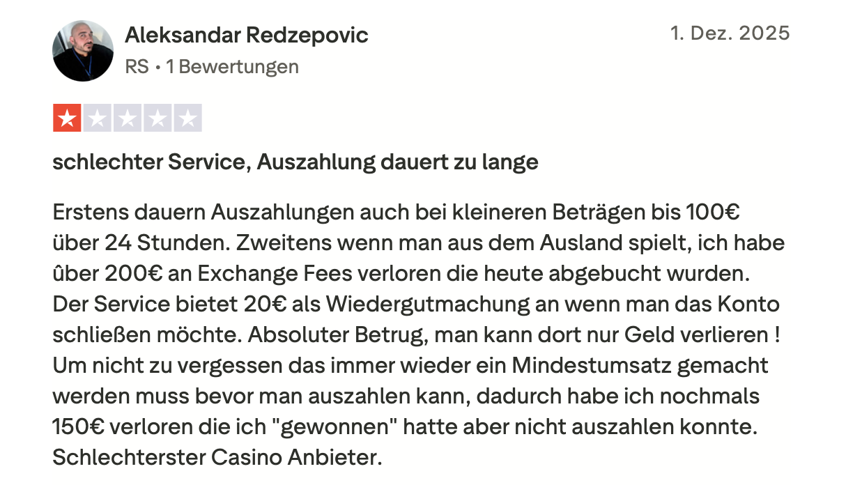 Kritische Trustpilot Bewertung von Roulettino Casino mit einem Stern